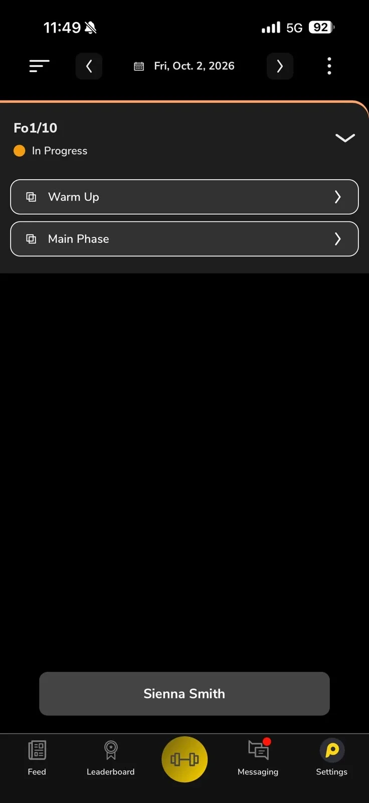 The Playermade app showing a scheduled training session with warm-up and main phases